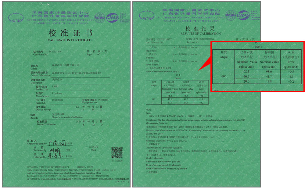 LSA93光泽度仪校准证书